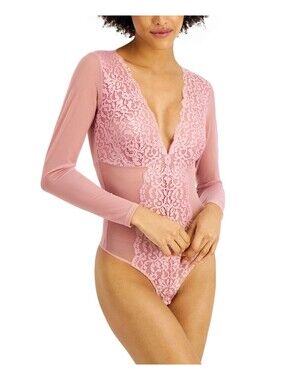 INC Womens Intimate Not So Basic Long Sleeve Lace Mesh Bodysuit Foxglove Size S